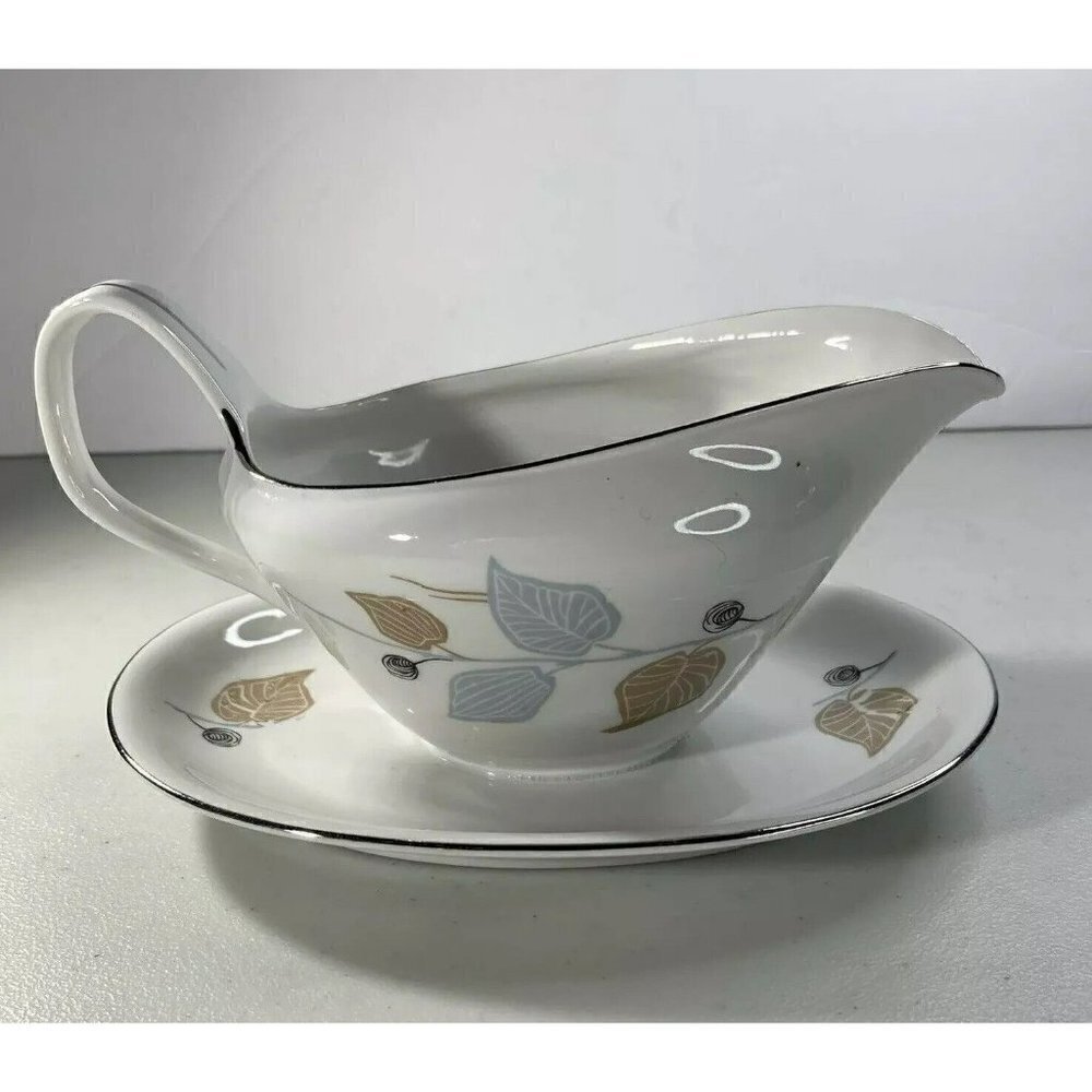 Bavaria Germany Fine China Mid-Century Blue Brown Leaf Gravy Boat Silver Edging